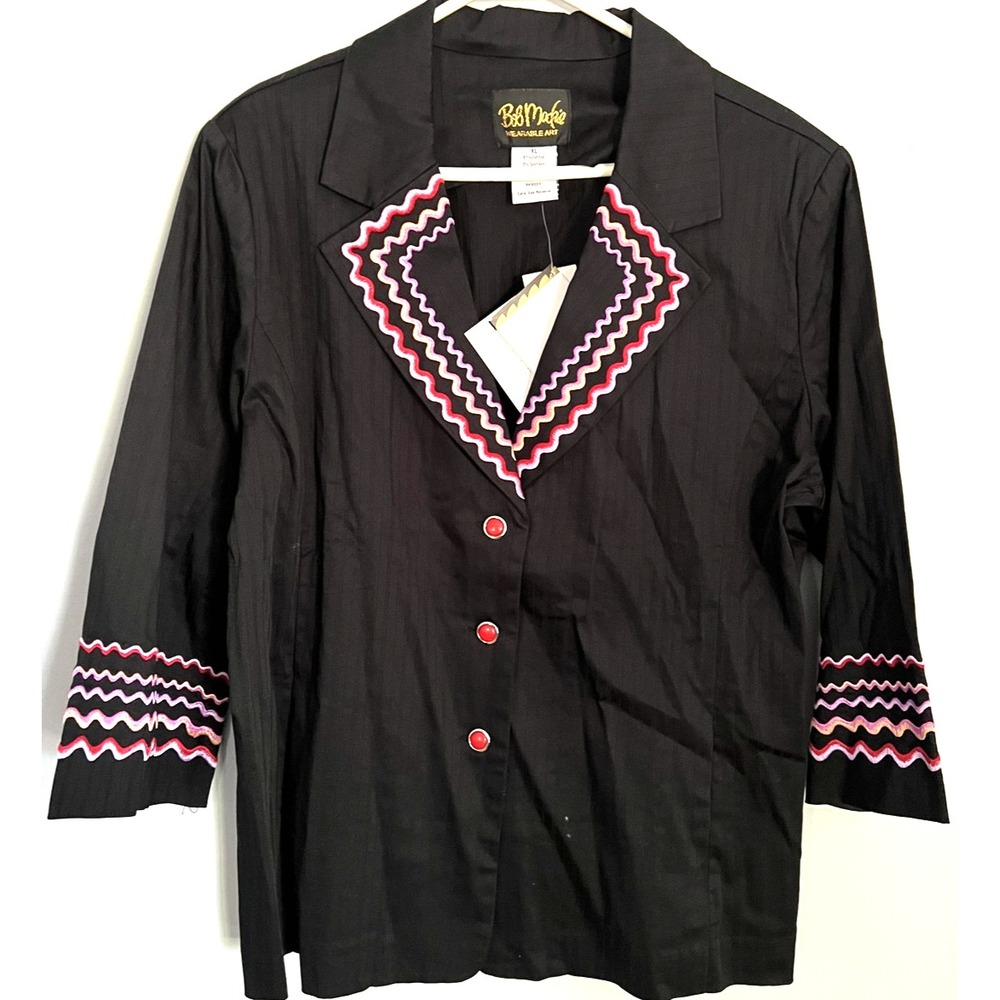 Bob Mackie Wearable Art Shirt Women XL Black Ric Rac Trim Button Up Zigzag NWT